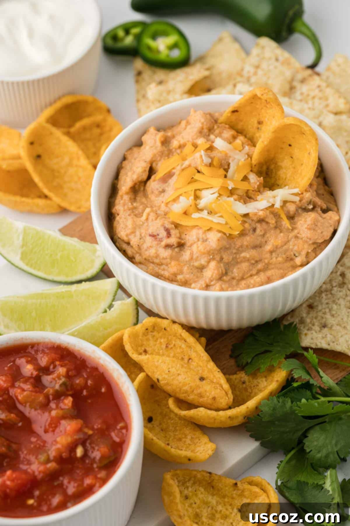 Slow Cooker Fiesta Bean Dip 3 bean dip in a white bowl with tortilla chips