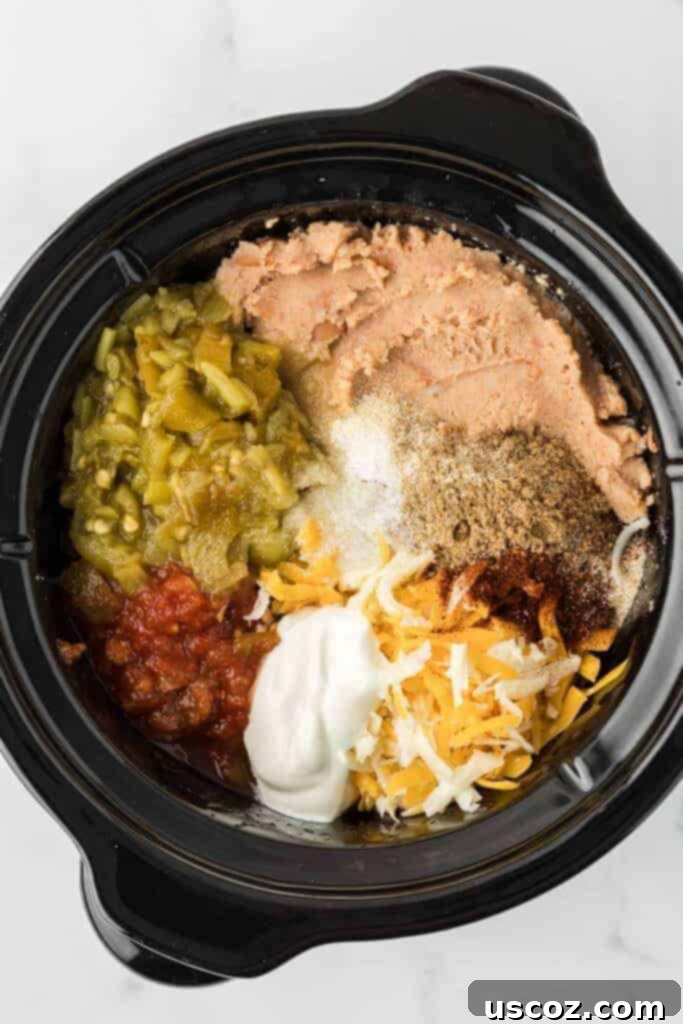 Slow Cooker Fiesta Bean Dip 5 bean dip ingredients in a slow cooker