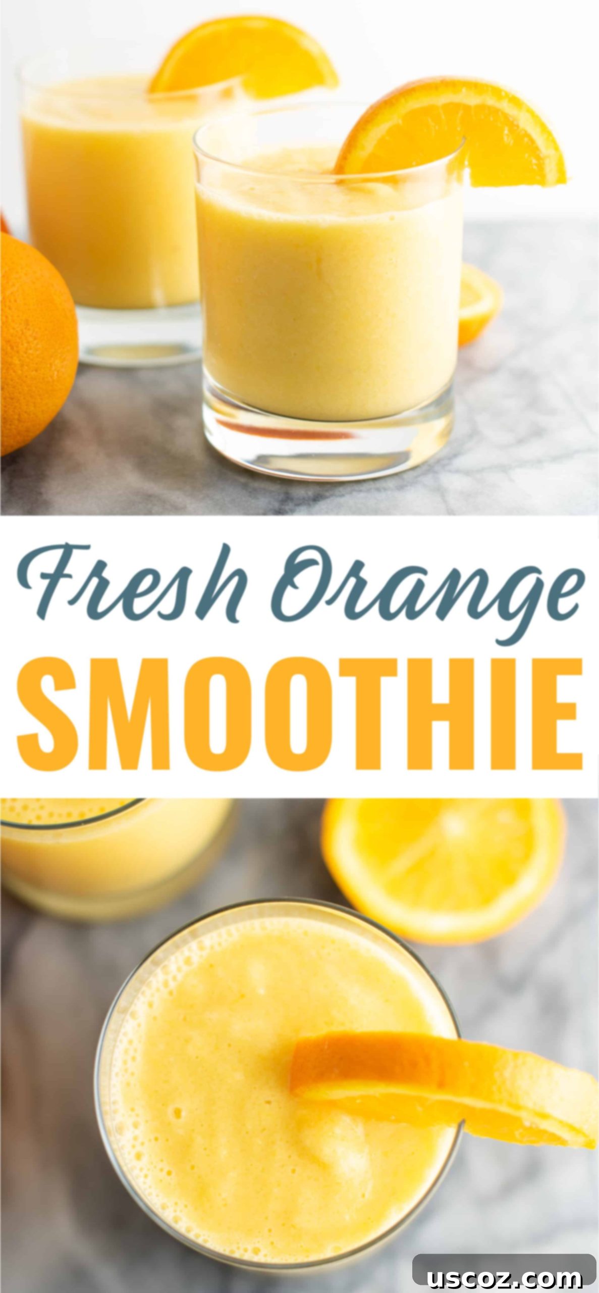 Sunshine Orange Smoothie 6 Pinterest pin graphic for "Fresh Orange Smoothie" with text overlay and image of the smoothie.