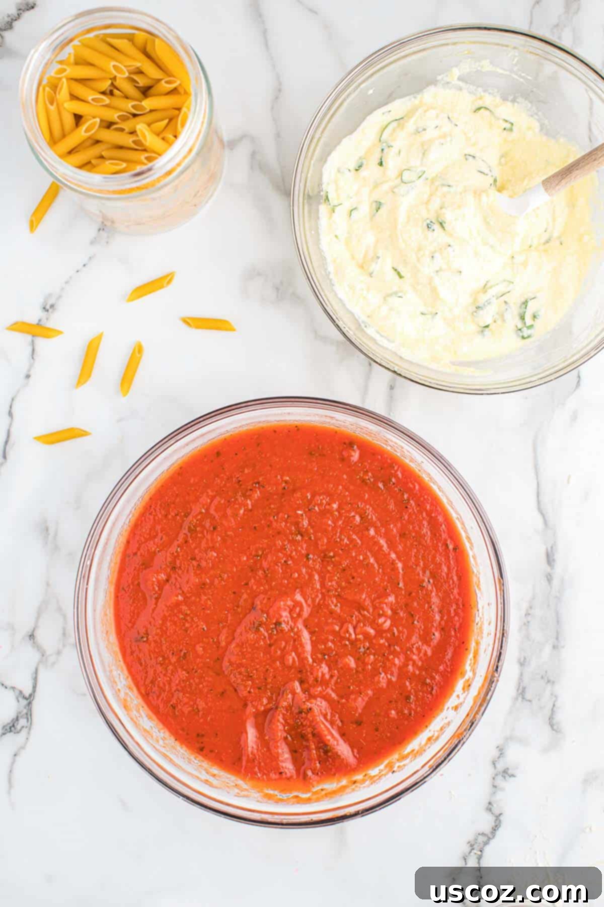 penne pasta, ricotta filling, and pasta sauce