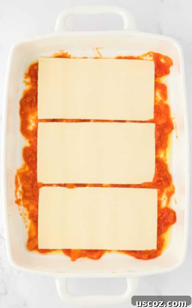 Classic Cheese Lasagna 11 The first layer of flat lasagna noodles neatly arranged over the base layer of pasta sauce in the baking dish.