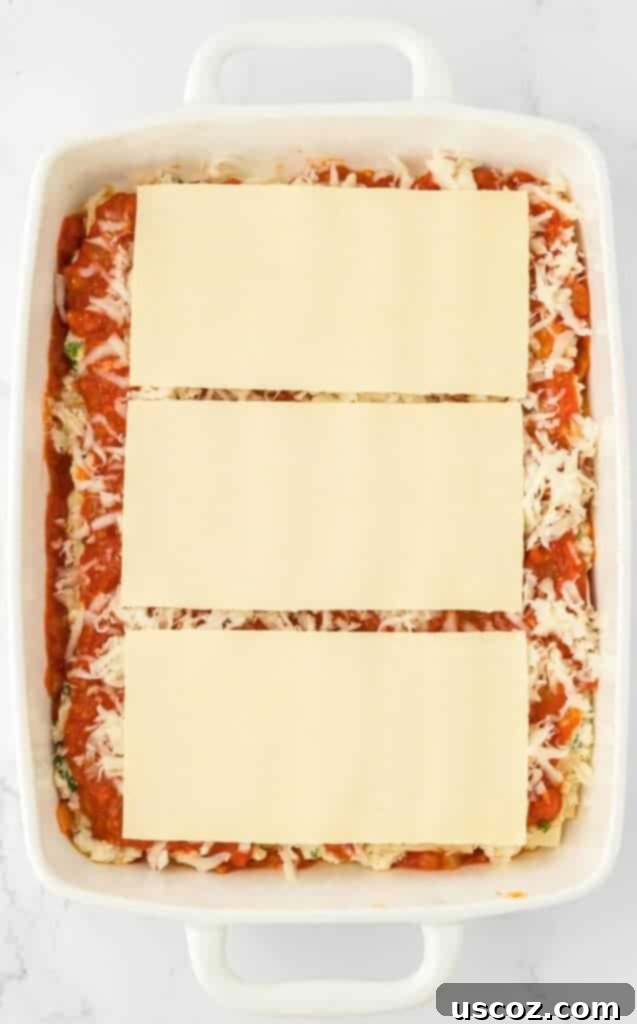Classic Cheese Lasagna 15 The second layer of lasagna noodles placed meticulously over the cheese and sauce, continuing the delicious build-up of the dish.
