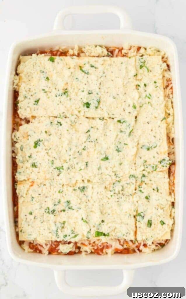 Classic Cheese Lasagna 20 Another perspective of the creamy ricotta mixture being meticulously spread over a fresh layer of lasagna noodles, ensuring even distribution.