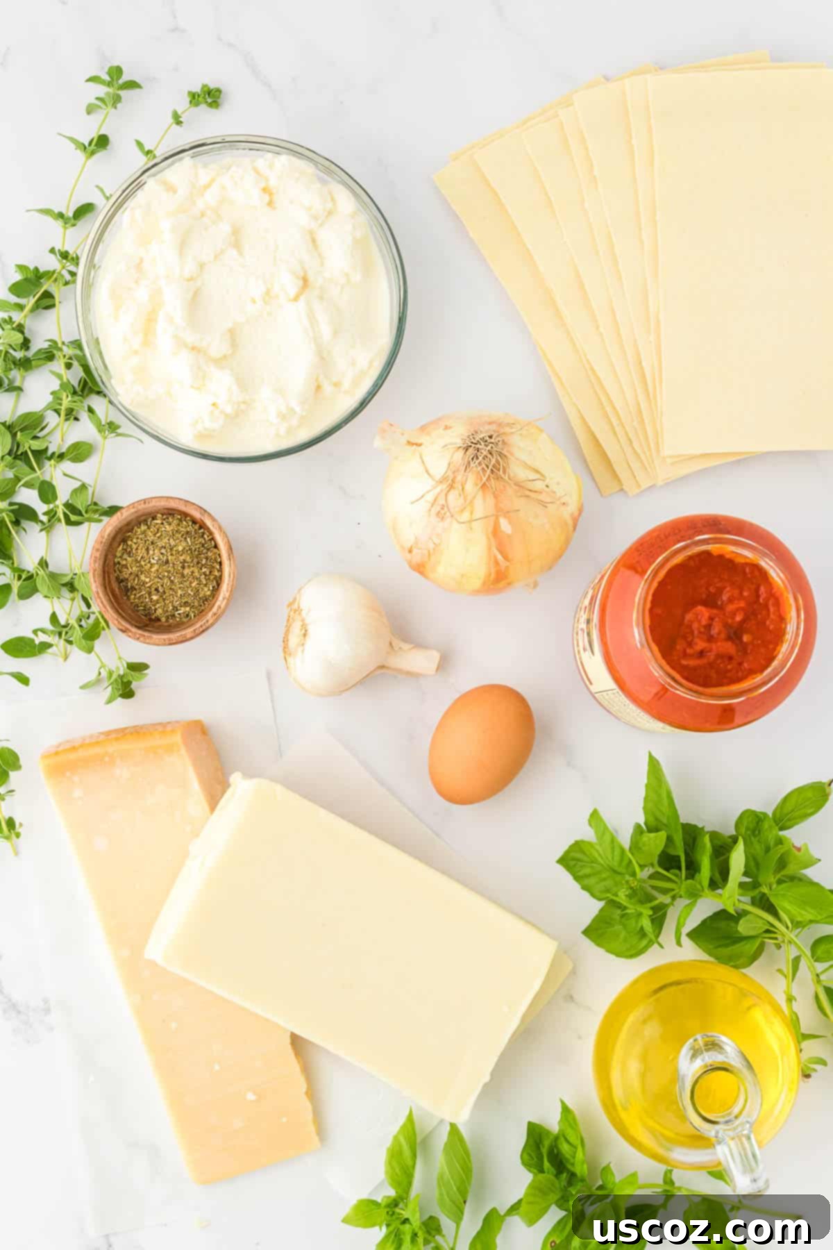 Classic Cheese Lasagna 3 A rustic wooden board displaying all the fresh and essential ingredients needed to assemble a delicious homemade cheese lasagna, including cheeses, sauce, noodles, and aromatics.