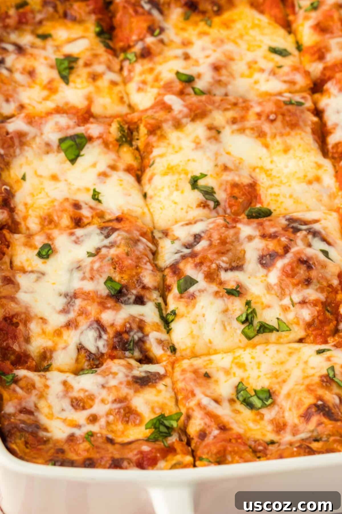 Classic Cheese Lasagna 25 A large rectangular glass dish filled with a baked three-cheese lasagna, showing off its golden-brown, bubbly top and a hint of its rich layers inside.