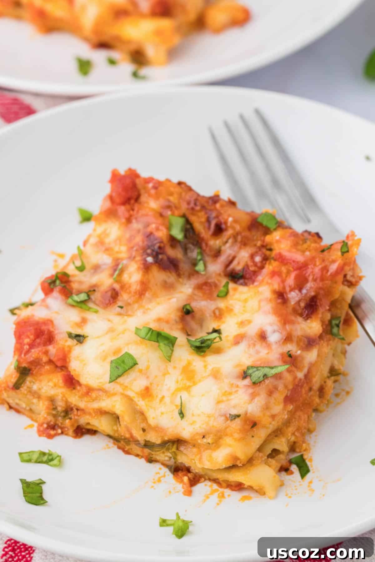 Classic Cheese Lasagna 26 A close-up of a perfectly portioned slice of cheese lasagna on a white plate, showcasing its distinct layers of pasta, creamy ricotta, rich sauce, and melted mozzarella.