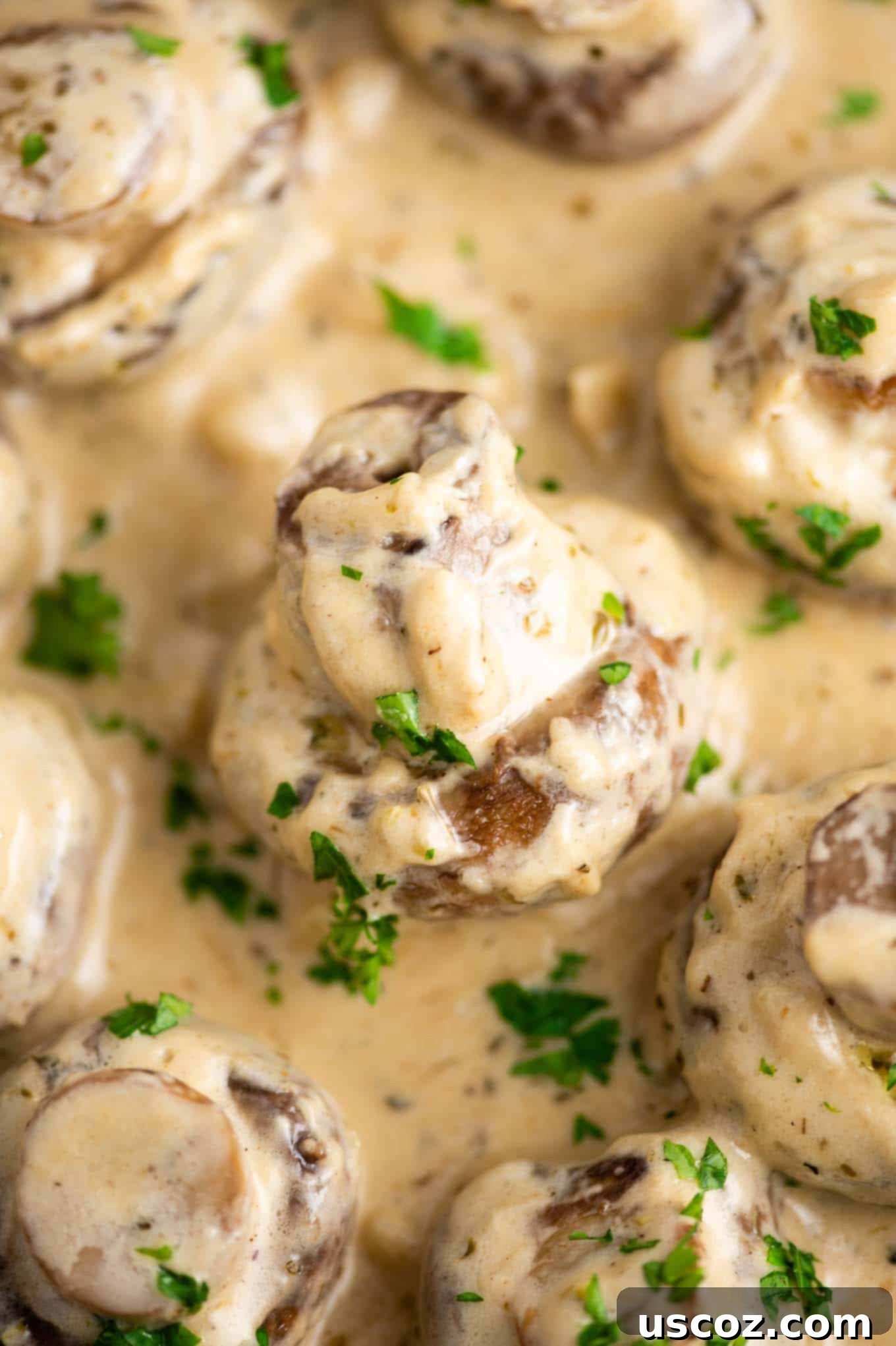 Creamy Garlic Mushroom Delight 3 Close-up view of creamy garlic mushrooms bubbling gently in a skillet, showcasing the thick, rich sauce clinging to each mushroom.