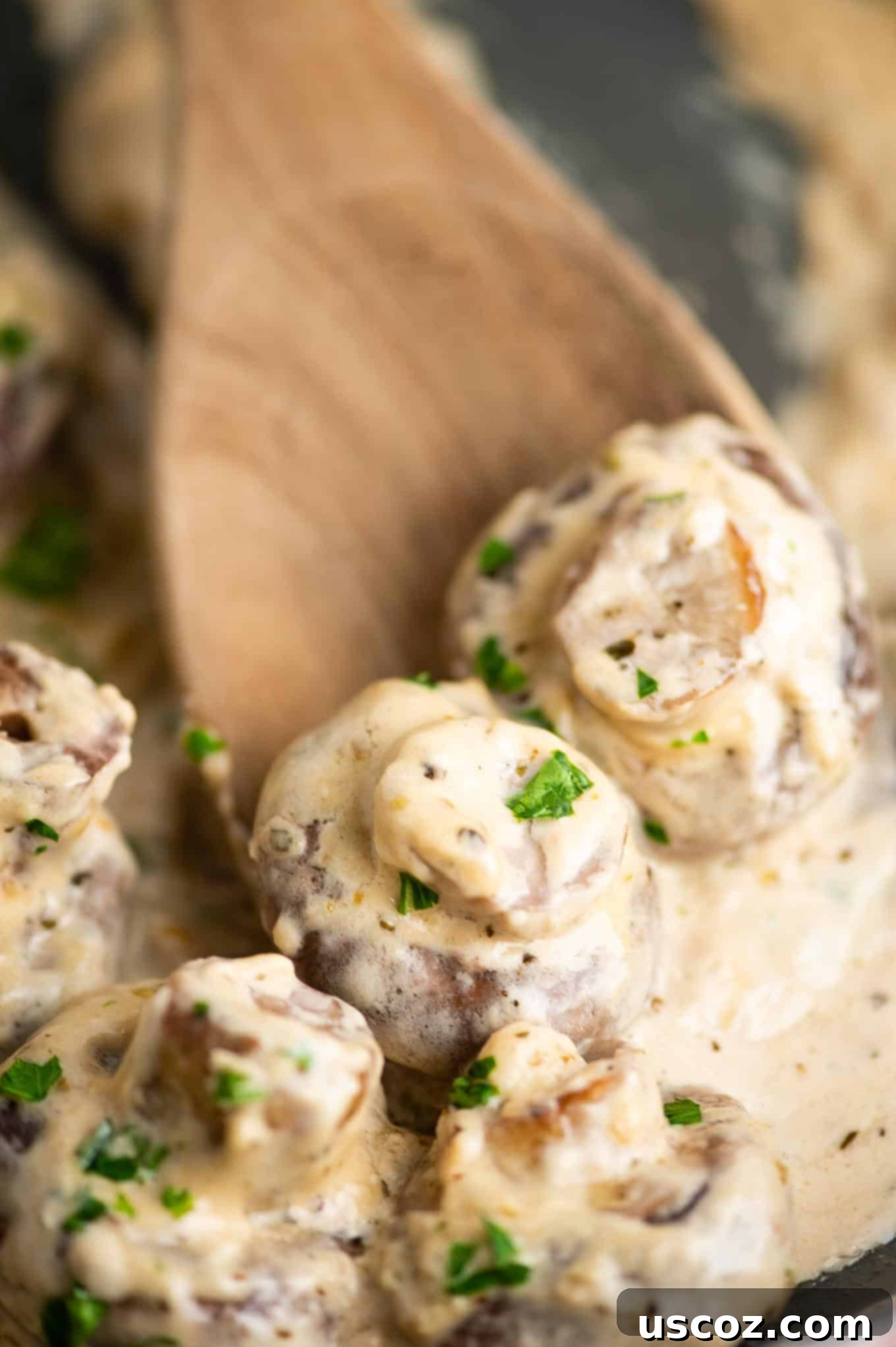 Creamy Garlic Mushroom Delight 4 A wooden spoon serving a generous scoop of creamy garlic mushrooms, rich with sauce and sprinkled with green herbs.