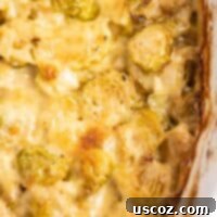 Golden Cheesy Brussels 12 Baked cheesy brussel sprouts gratin, golden and bubbling in a round dish.