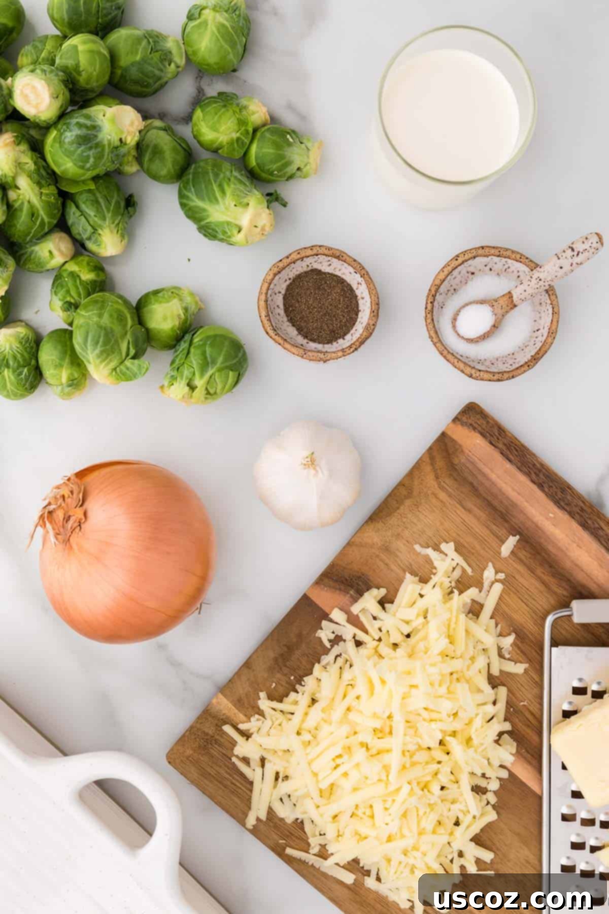 Golden Cheesy Brussels 3 All the fresh ingredients laid out to make cheesy brussels sprouts gratin, including sprouts, onion, garlic, cream, and cheese.
