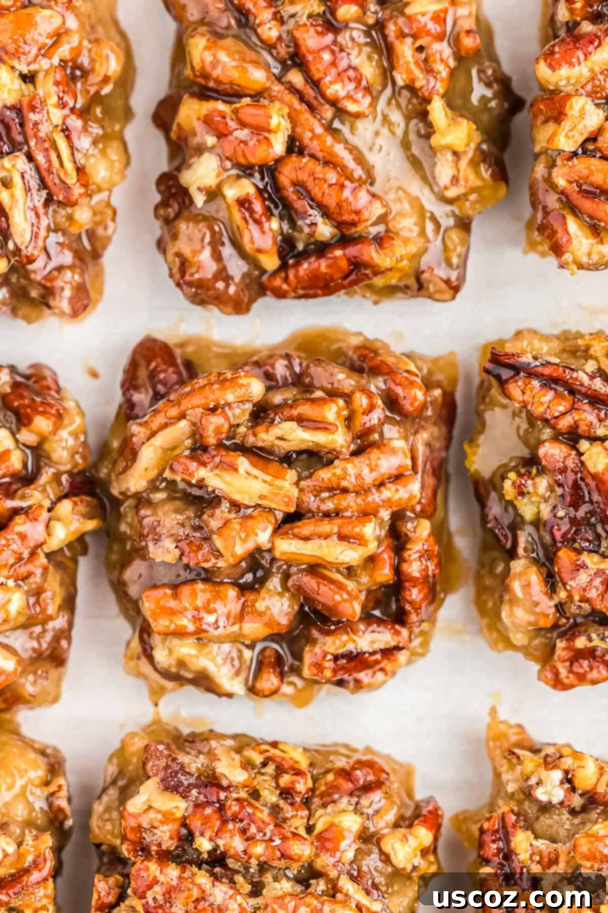 Decadent Pecan Pie Bars 11 pecan pie bars made without corn syrup, showcasing their natural goodness