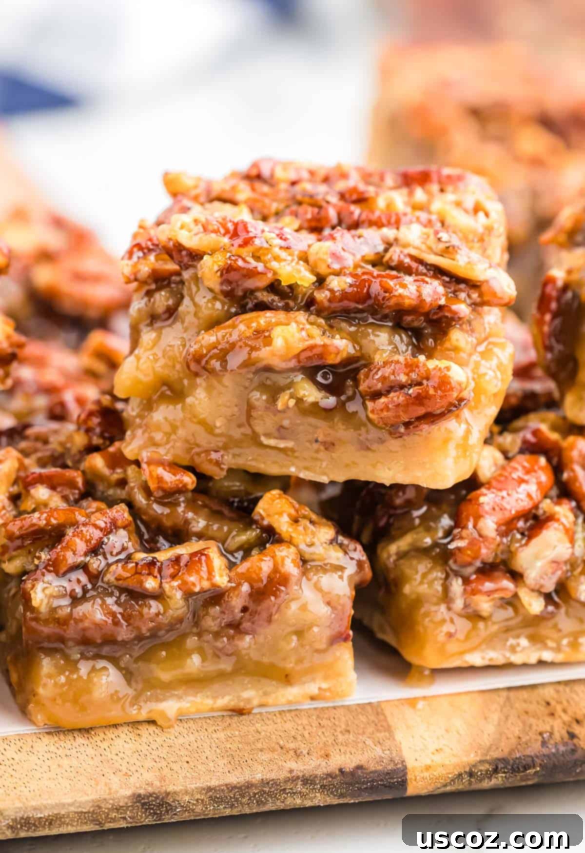 Decadent Pecan Pie Bars 3 close-up of homemade pecan pie bars showing the gooey filling