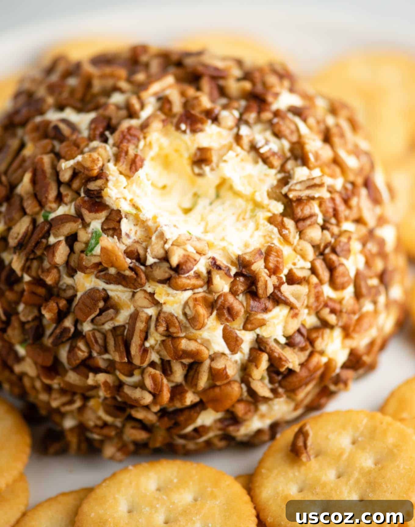 Party Perfect Cheese Ball 16 A beautifully presented cheese ball, ready for sharing, with a bite taken out, showing the rich texture inside.