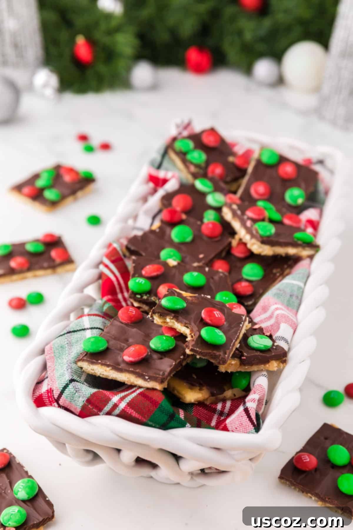 Christmas Cracker Toffee Recipe 4 christmas crack in a holiday serving dish