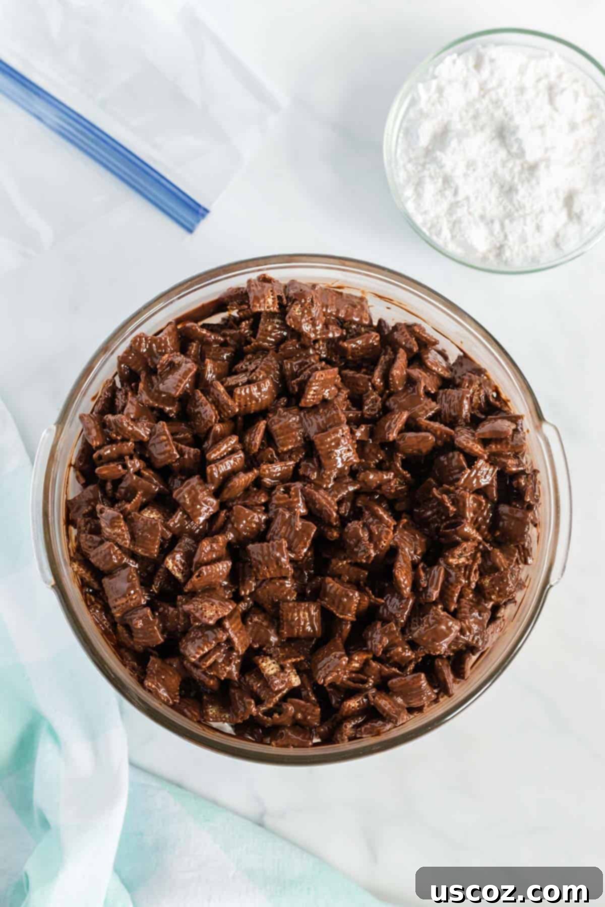 Plant Based Powdered Perfection 7 rice chex coated in the melted chocolate and peanut butter