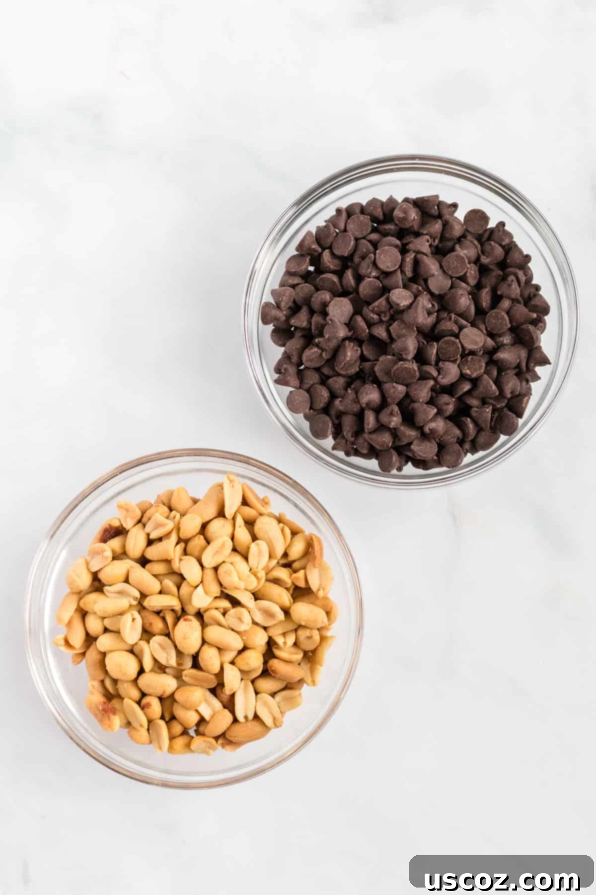 Crunchy Peanut Delights 4 Bowls of semi-sweet chocolate chips and roasted salted peanuts, the two main ingredients for peanut clusters.