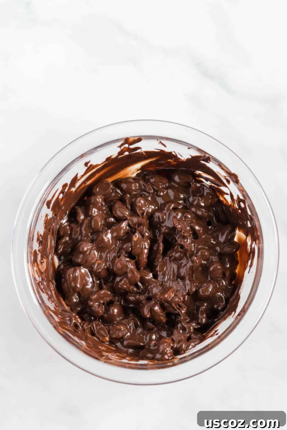 Crunchy Peanut Delights 6 Melted chocolate mixed thoroughly with roasted peanuts in a glass bowl.