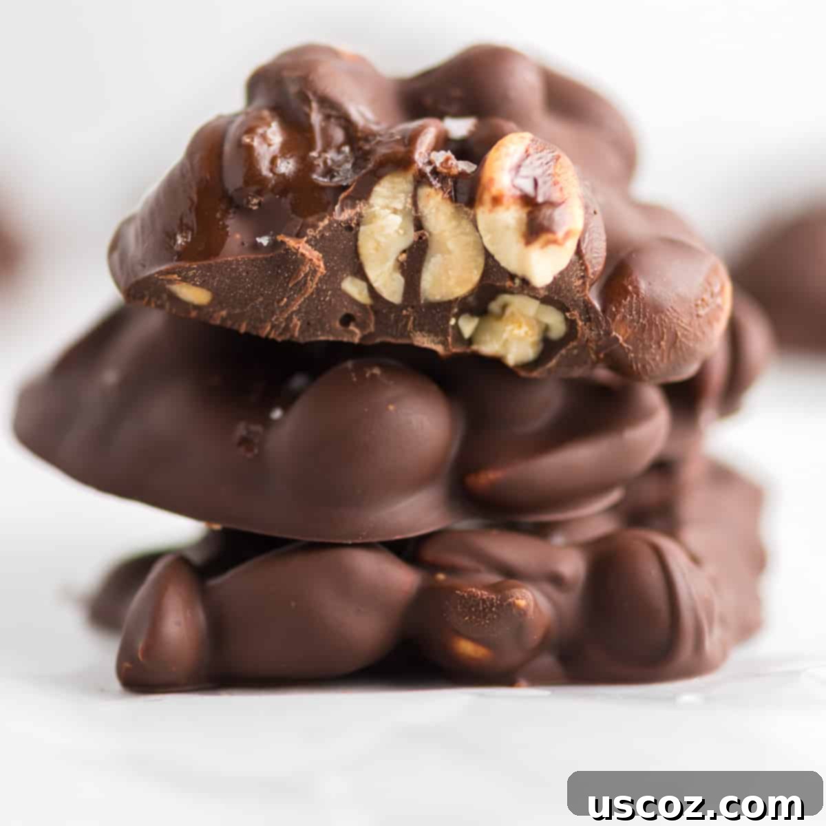 Crunchy Peanut Delights 10 A chocolate peanut cluster with a bite taken out, revealing the crunchy peanut interior and smooth chocolate.