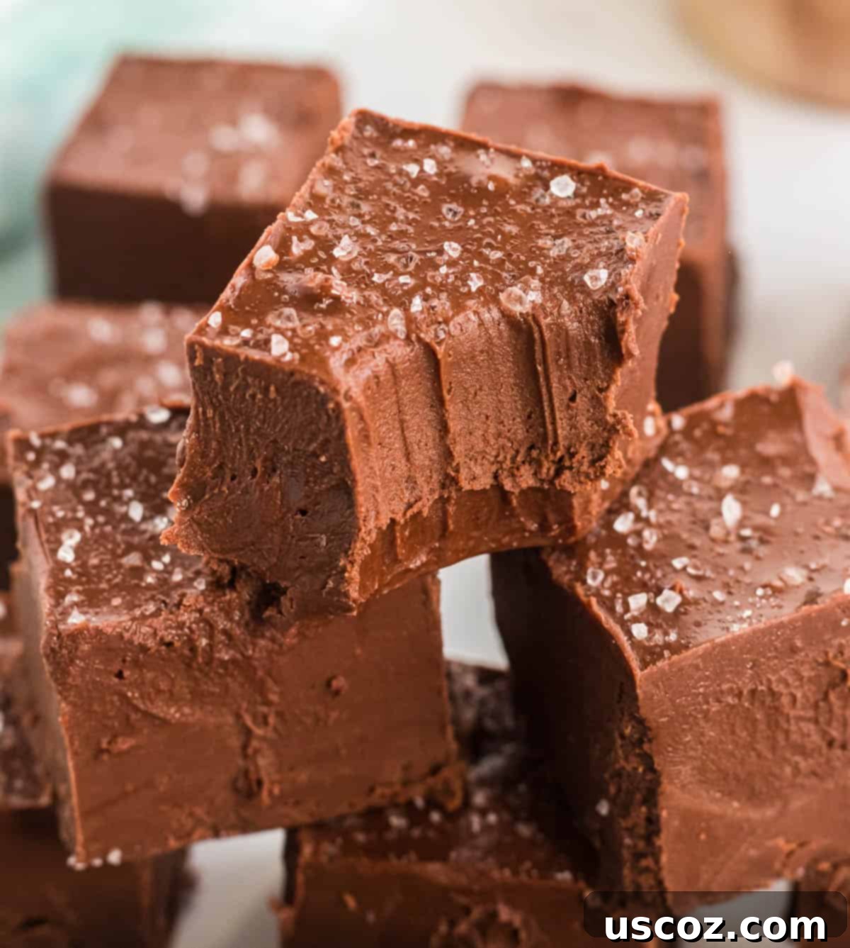 Decadent Vegan Chocolate Peanut Butter Fudge 2 Stacked pieces of creamy vegan chocolate peanut butter fudge, showing the rich texture and delicious appeal.