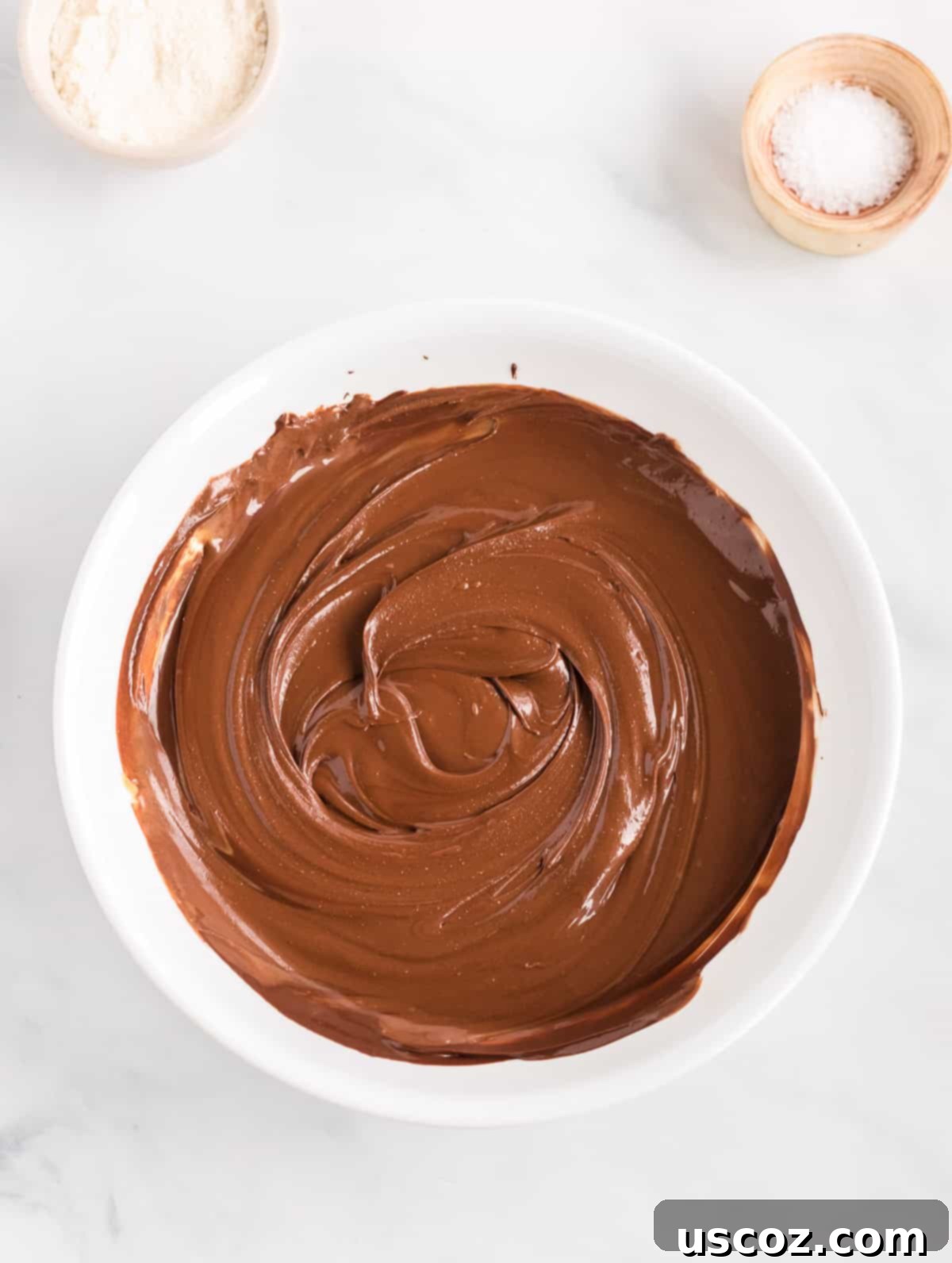 Decadent Vegan Chocolate Peanut Butter Fudge 5 The fully mixed vegan chocolate peanut butter fudge batter, smooth and ready for chilling.