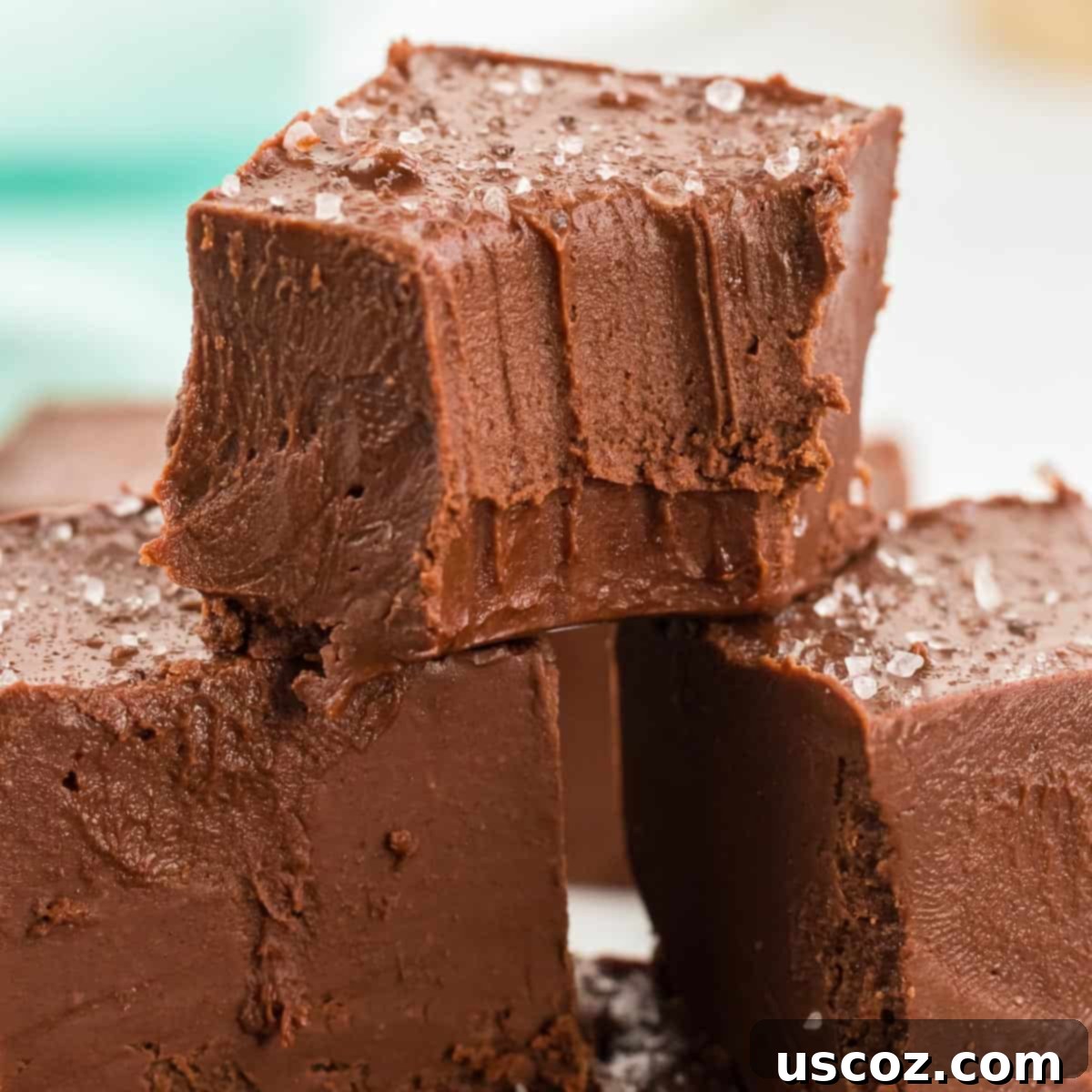 Decadent Vegan Chocolate Peanut Butter Fudge 8 Close-up of stacked pieces of vegan chocolate peanut butter fudge, highlighting the dark chocolate and light peanut butter layers.