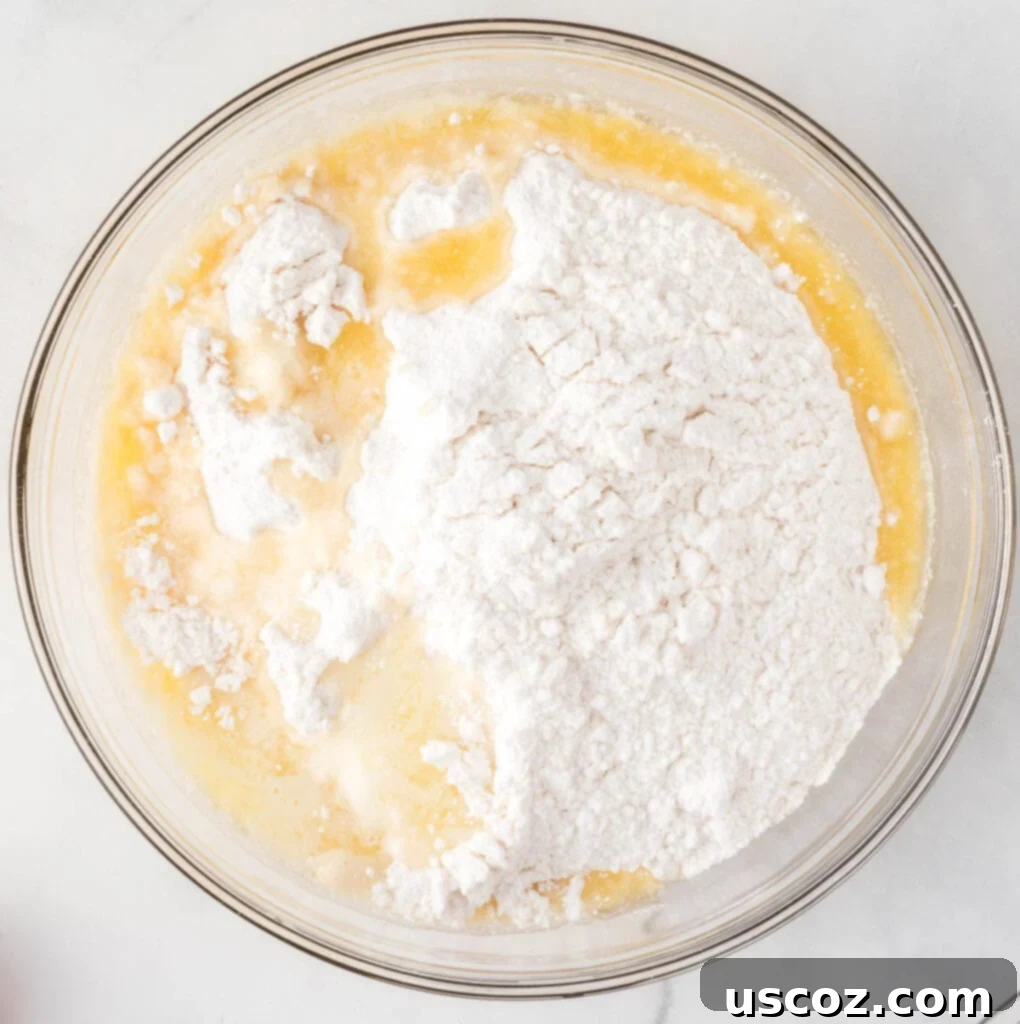 Merry Cookie Bar Magic 7 cake mix, eggs, and melted butter in a mixing bowl before combining