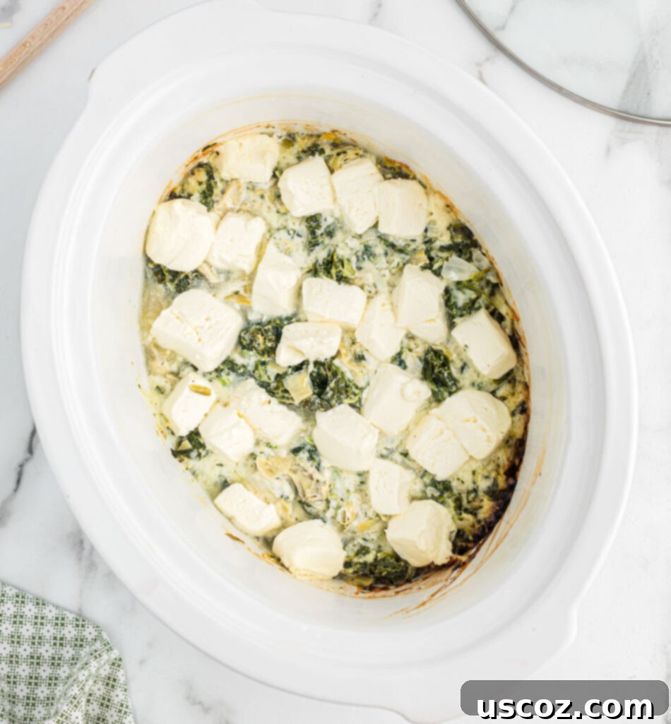 Creamy Slow Cooker Spinach Artichoke Dip 8 spinach artichoke dip after cooking