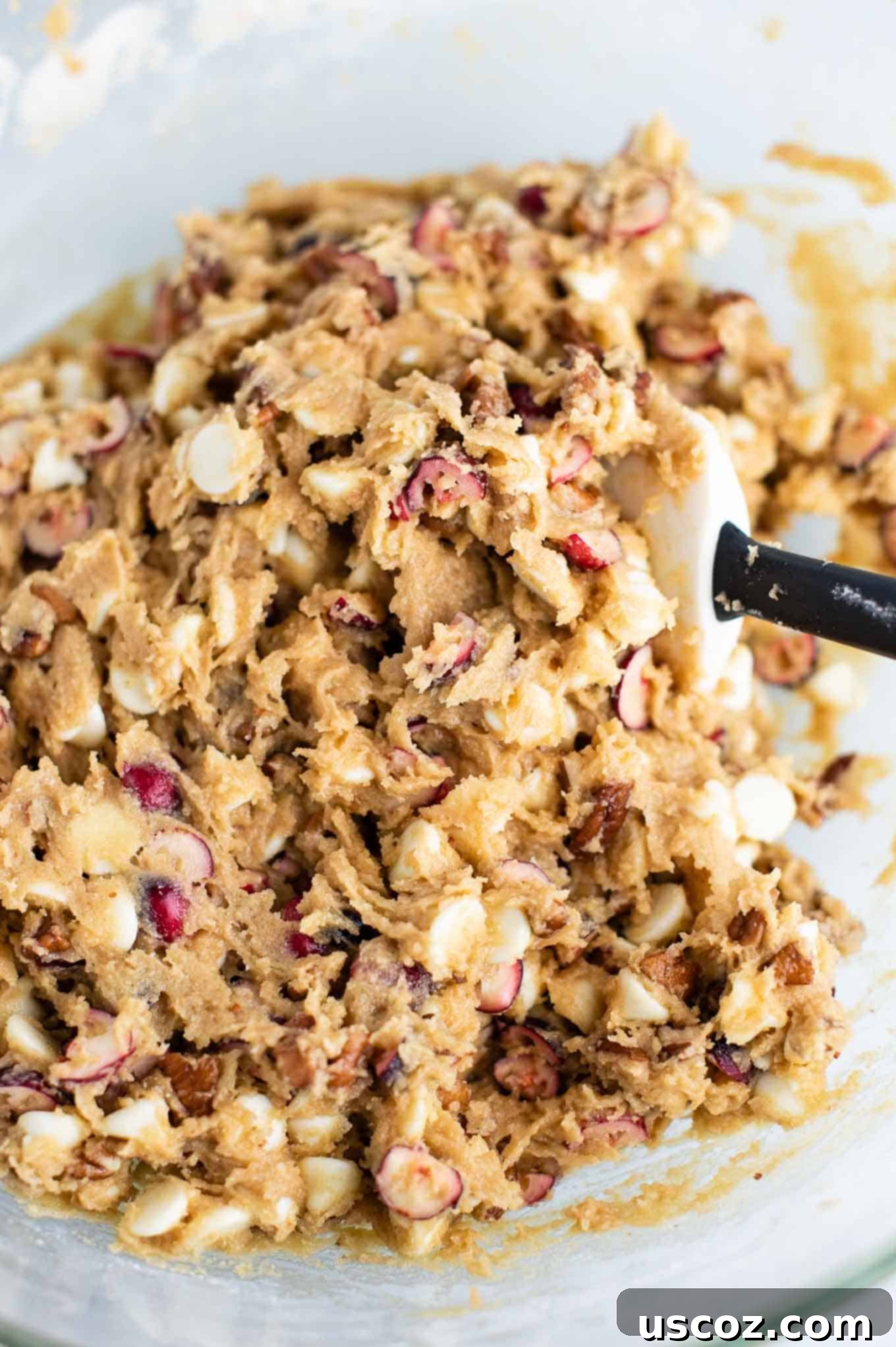 Cranberry Pecan White Chocolate Indulgence 6 Smooth cookie batter mixed with chopped cranberries, chopped pecans, and white chocolate chips, stirred with a rubber spatula in a white bowl