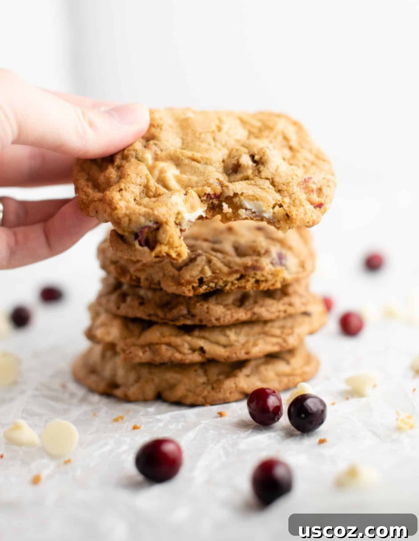 Cranberry Pecan White Chocolate Indulgence 7 A hand holding a freshly baked white chocolate cranberry pecan cookie with a bite taken out, showcasing its soft, chewy interior
