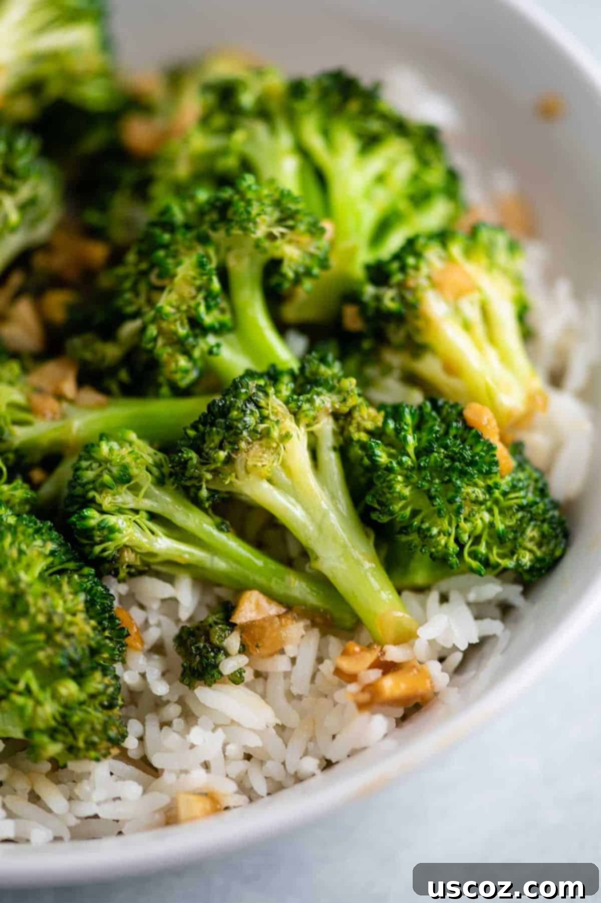 Easy Broccoli Stir Fry 2 broccoli stir fry over rice in a white bowl