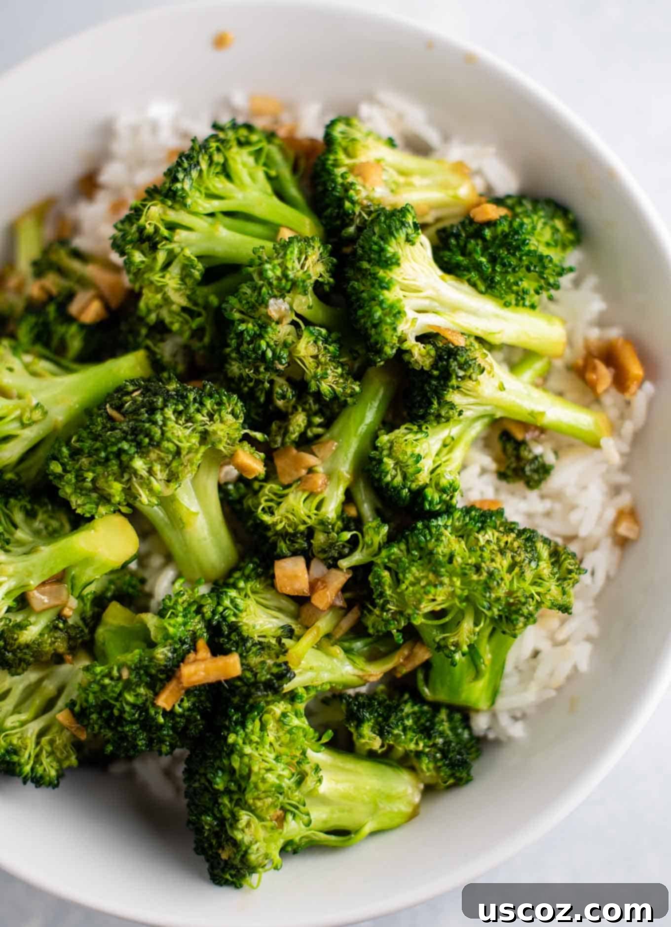 Easy Broccoli Stir Fry 11 broccoli stir fry with white rice in a white bowl