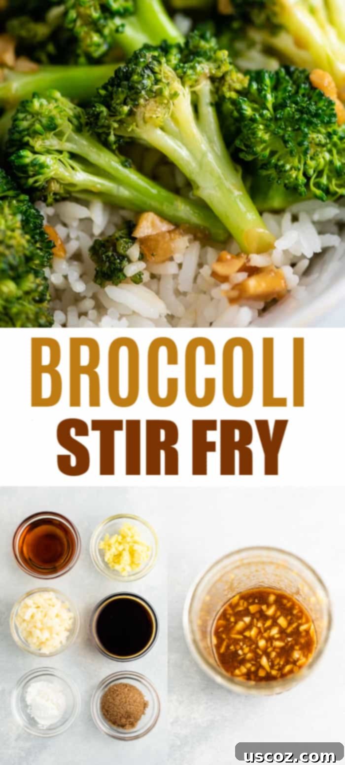 Easy Broccoli Stir Fry 14 pinterest image with "broccoli stir fry" text and two pictures from the recipe post