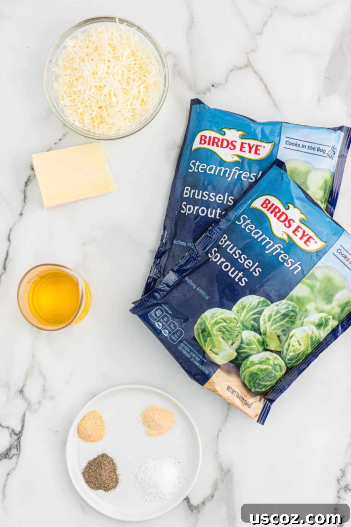 Crispy Roasted Frozen Brussels Sprouts 4 ingredients needed to make frozen brussel sprouts