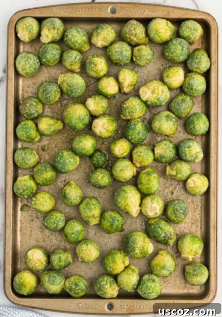 Crispy Roasted Frozen Brussels Sprouts 6 frozen brussels sprouts on a baking dish