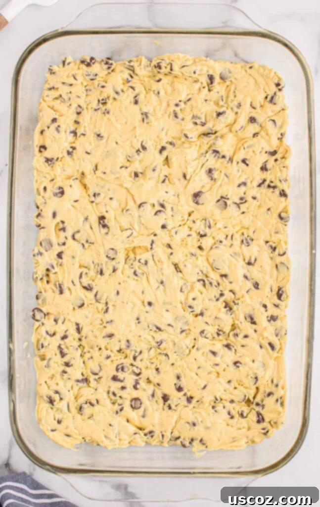 Cake Mix Cookie Squares 10 cake mix cookie bar batter spread out evenly in a 9x13 baking dish before baking