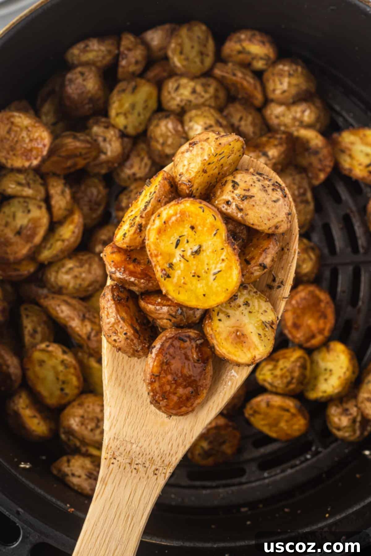 Crispy Golden Air Fryer Baby Potatoes 14 air fryer potatoes on a wooden spoon