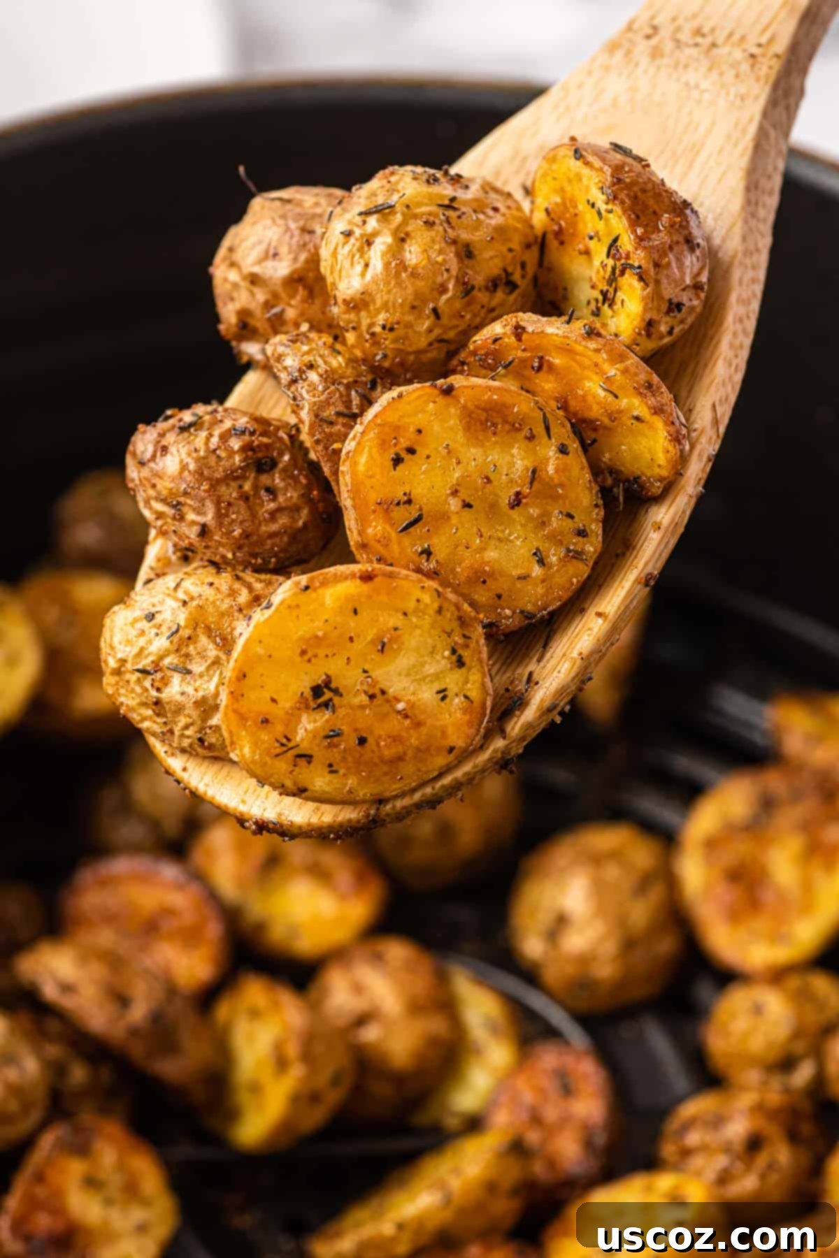 Crispy Golden Air Fryer Baby Potatoes 3 air fryer potatoes on a wooden spoon
