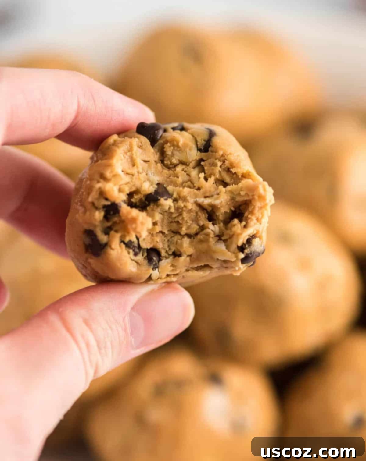 Wholesome Energy Bites 2 Fingers holding up a delicious no-bake energy ball with a bite taken out, showing the rich interior