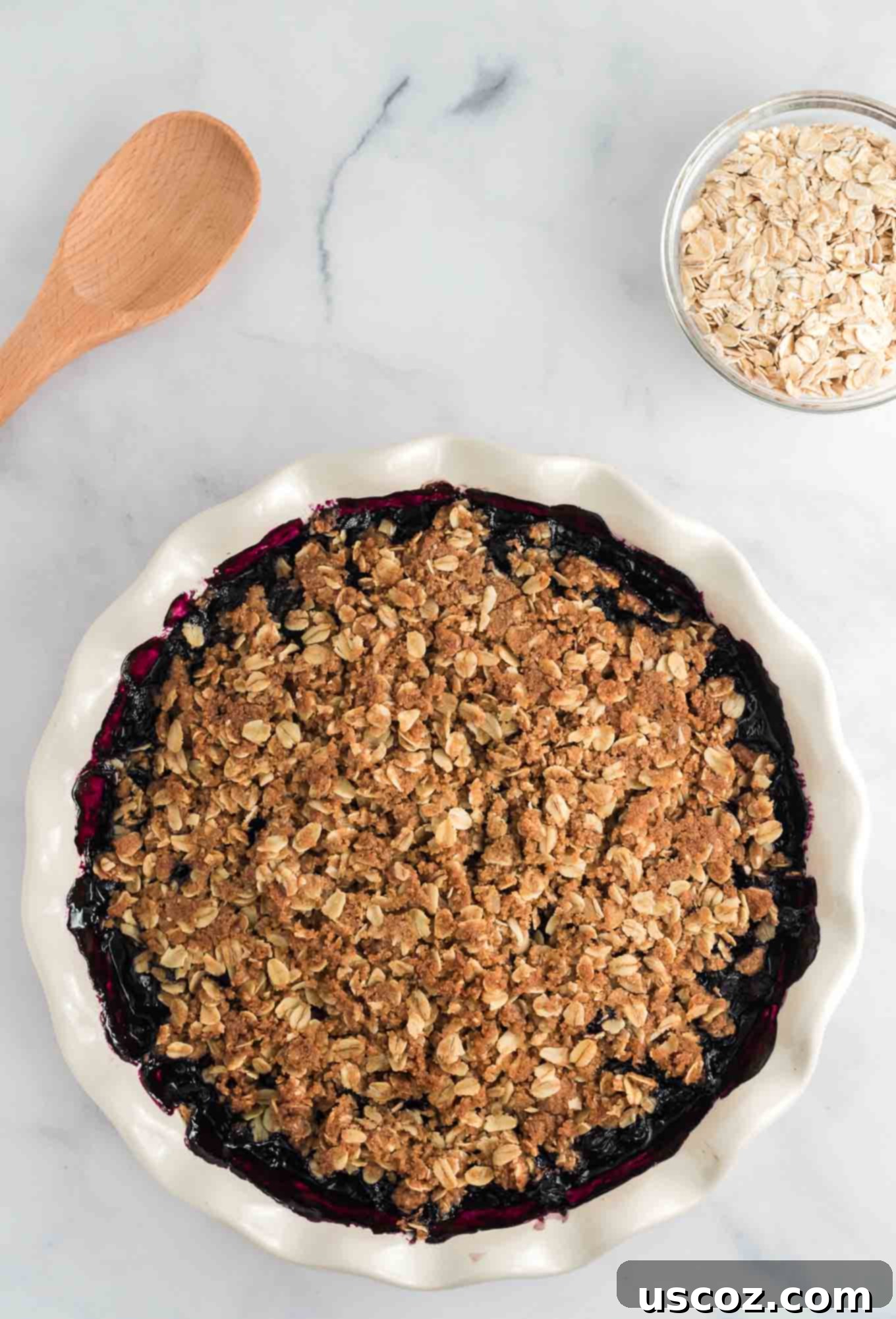 Warm Blueberry Crisp Delight 9 A freshly baked blueberry crisp in a white rimmed pie dish, showing a golden-brown, bubbly topping.