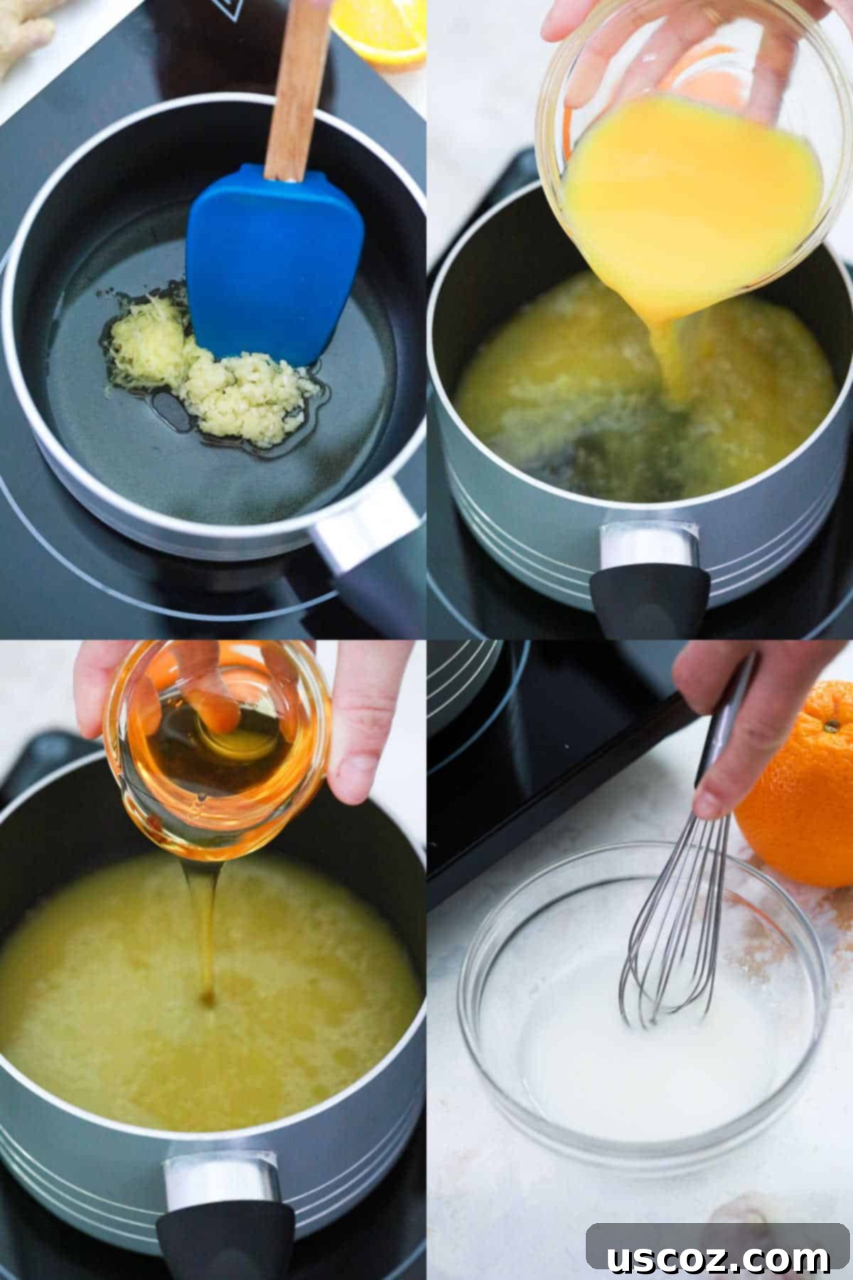 Zesty Orange Sauce 6 step by step images showing the ingredients added to the sauce pan to make orange sauce