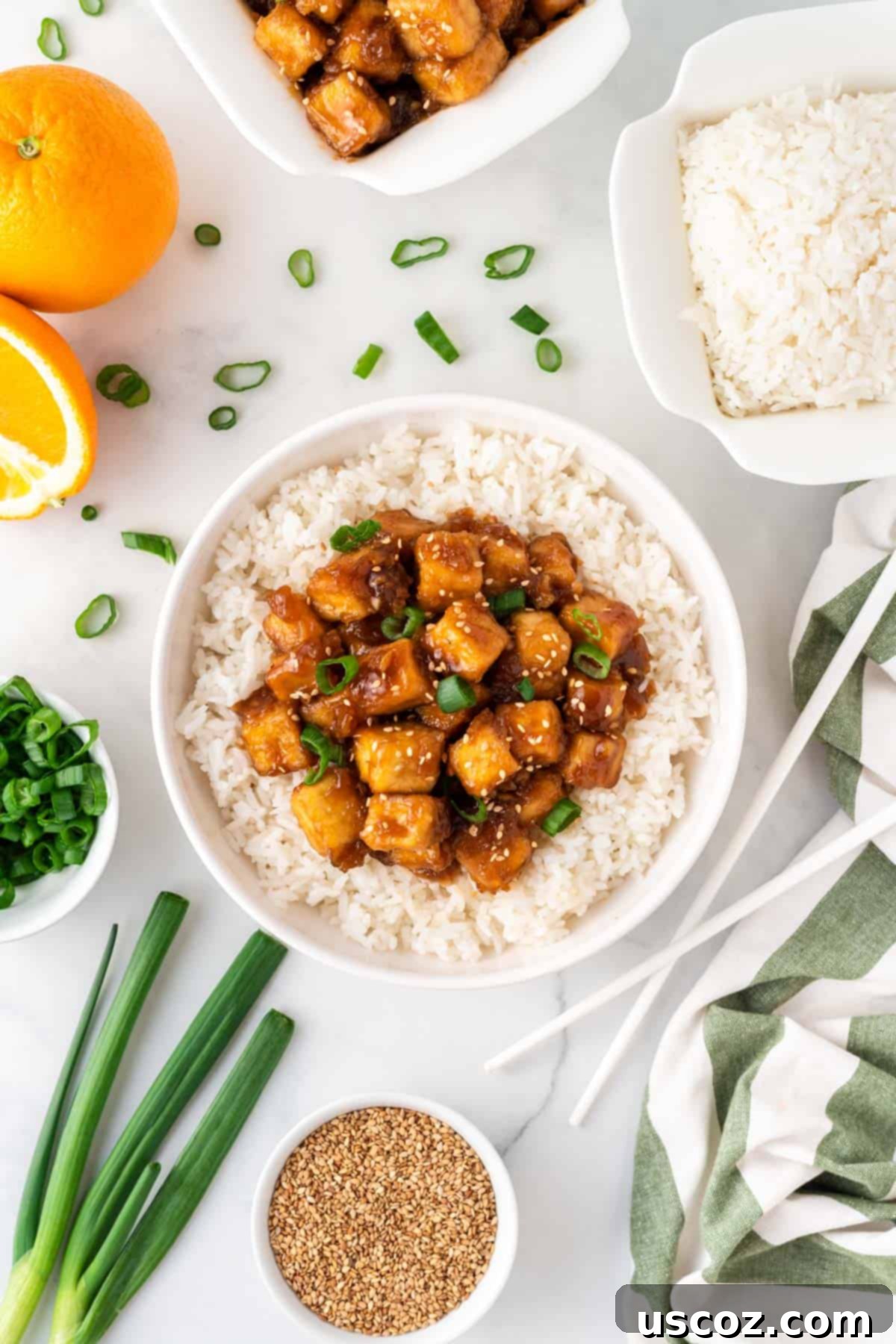 Zesty Orange Tofu 13 orange tofu over rice in a bowl surrounded by the recipe's ingredients