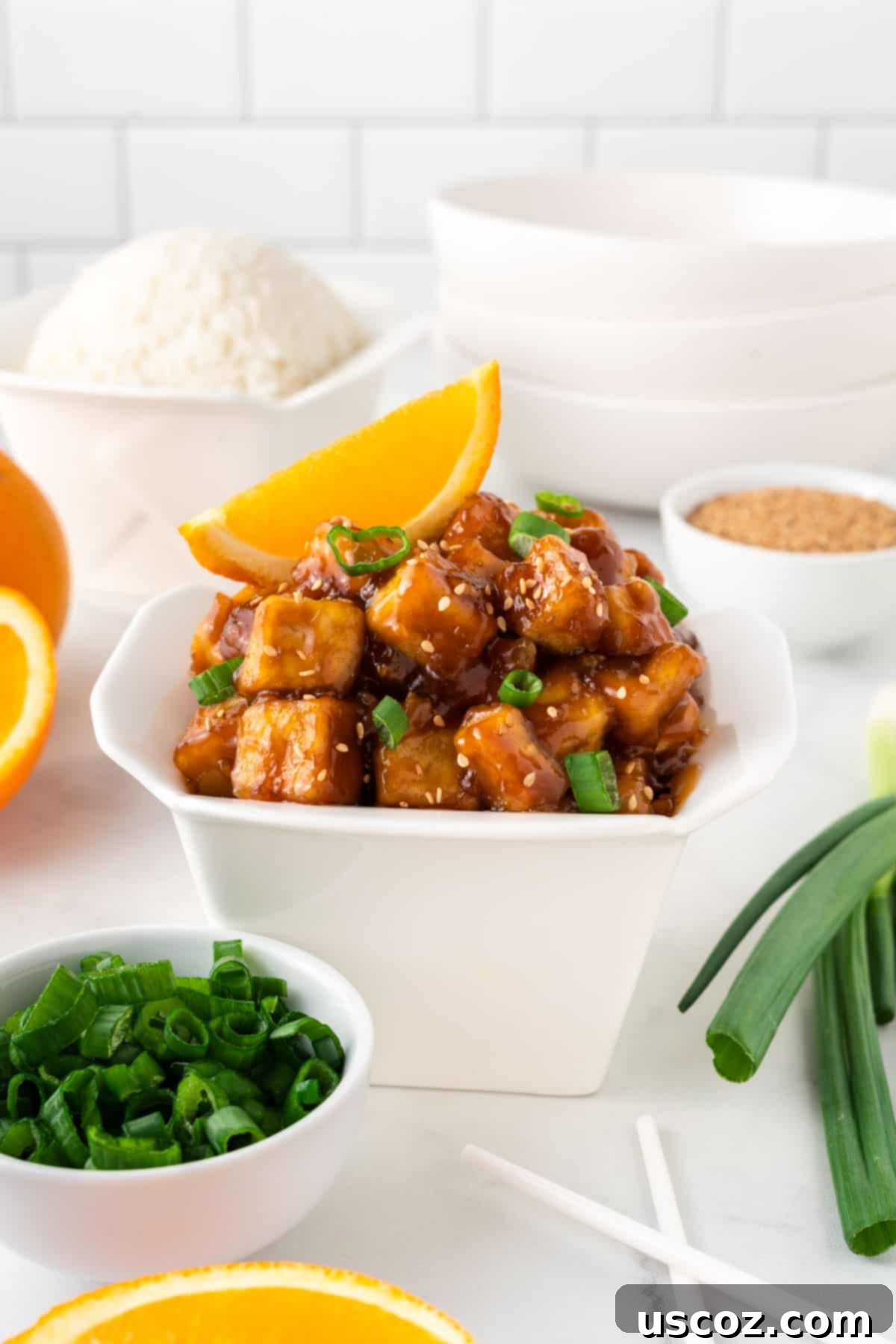 Zesty Orange Tofu 16 orange tofu in a takeout container