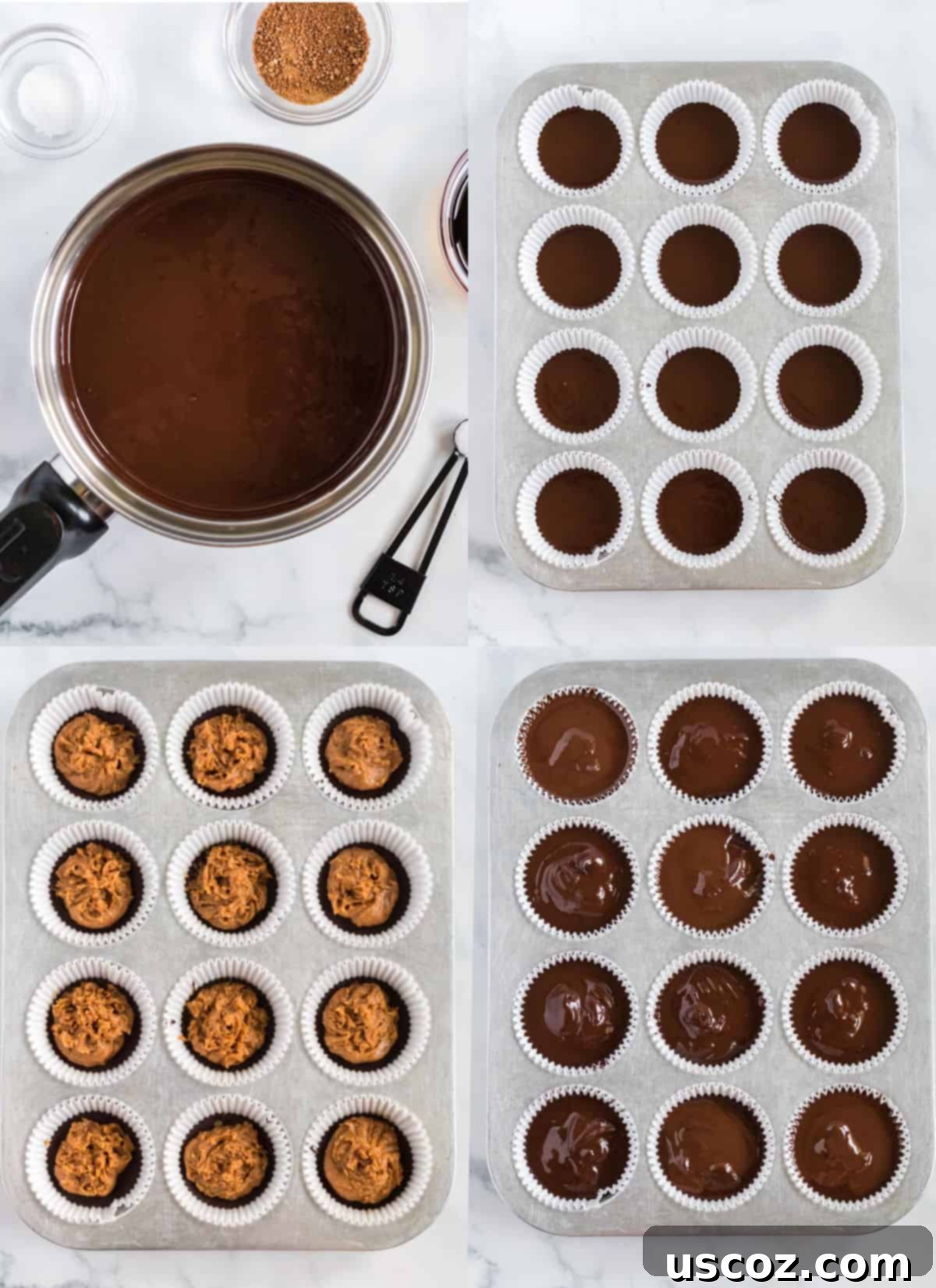 Plant-Based Peanut Butter Perfection 6 collage image showing the steps to make peanut butter cups