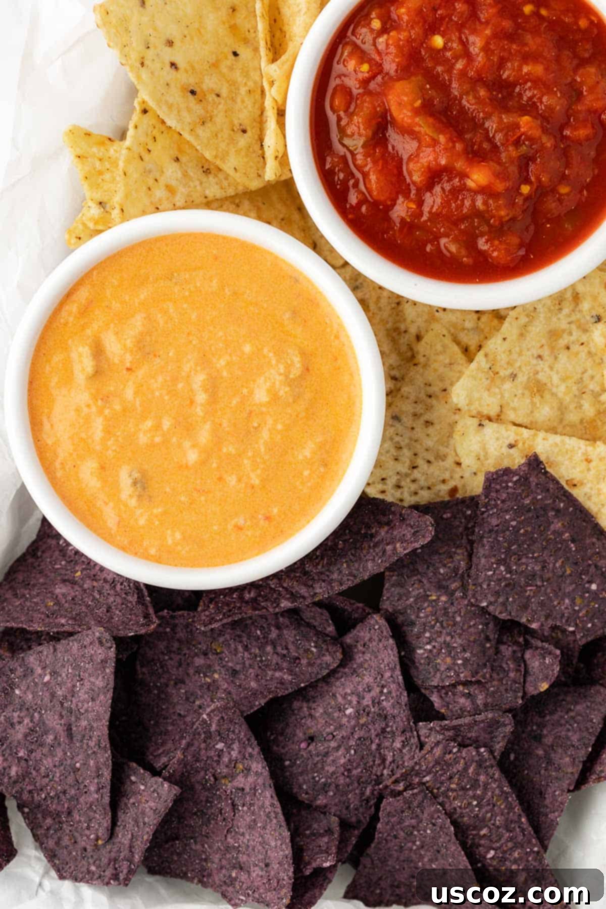 Easy Crock Pot Queso Dip 7 ramekins of queso dip and salsa surrounded by tortilla chips