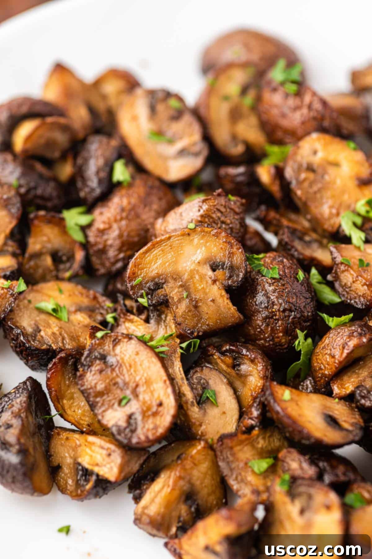 Crispy Air Fryer Mushrooms 2 air fried mushrooms topped with parsley
