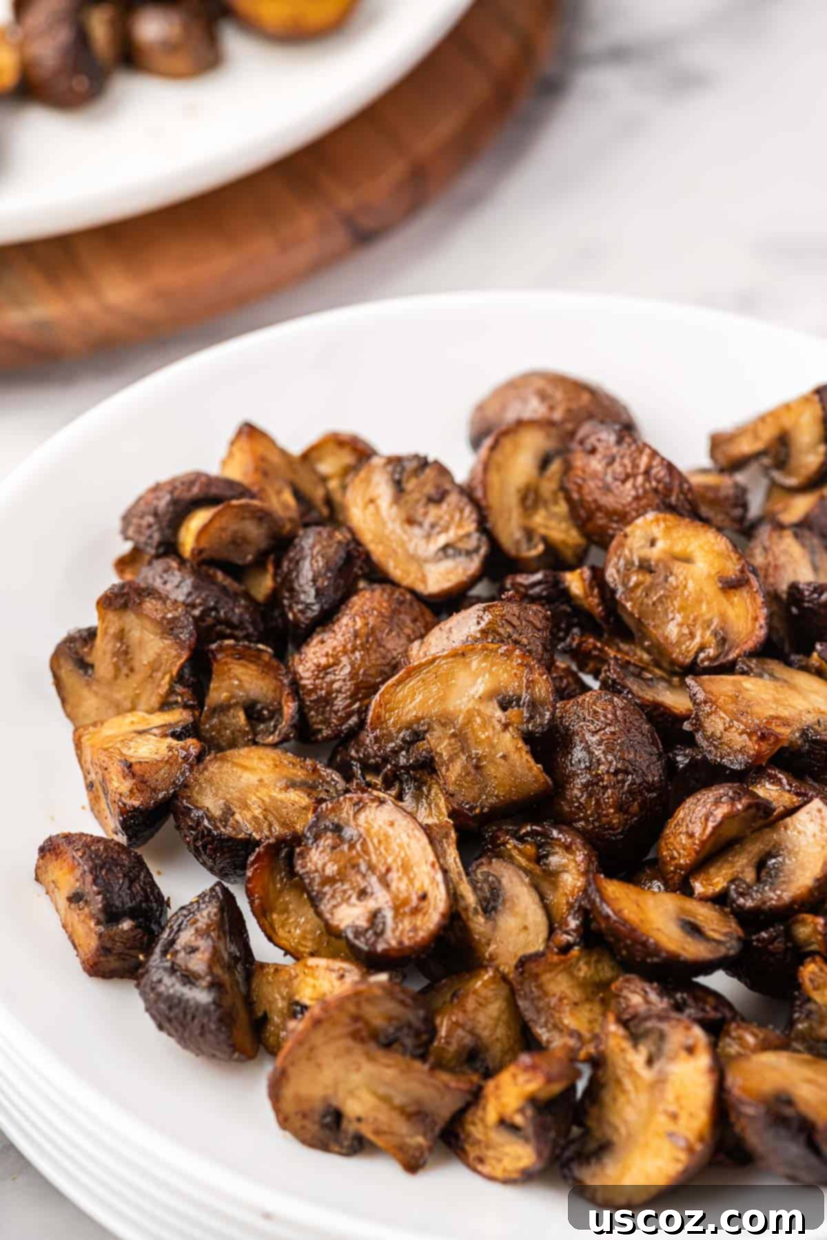 Crispy Air Fryer Mushrooms 11 air fryer mushrooms on a white plate