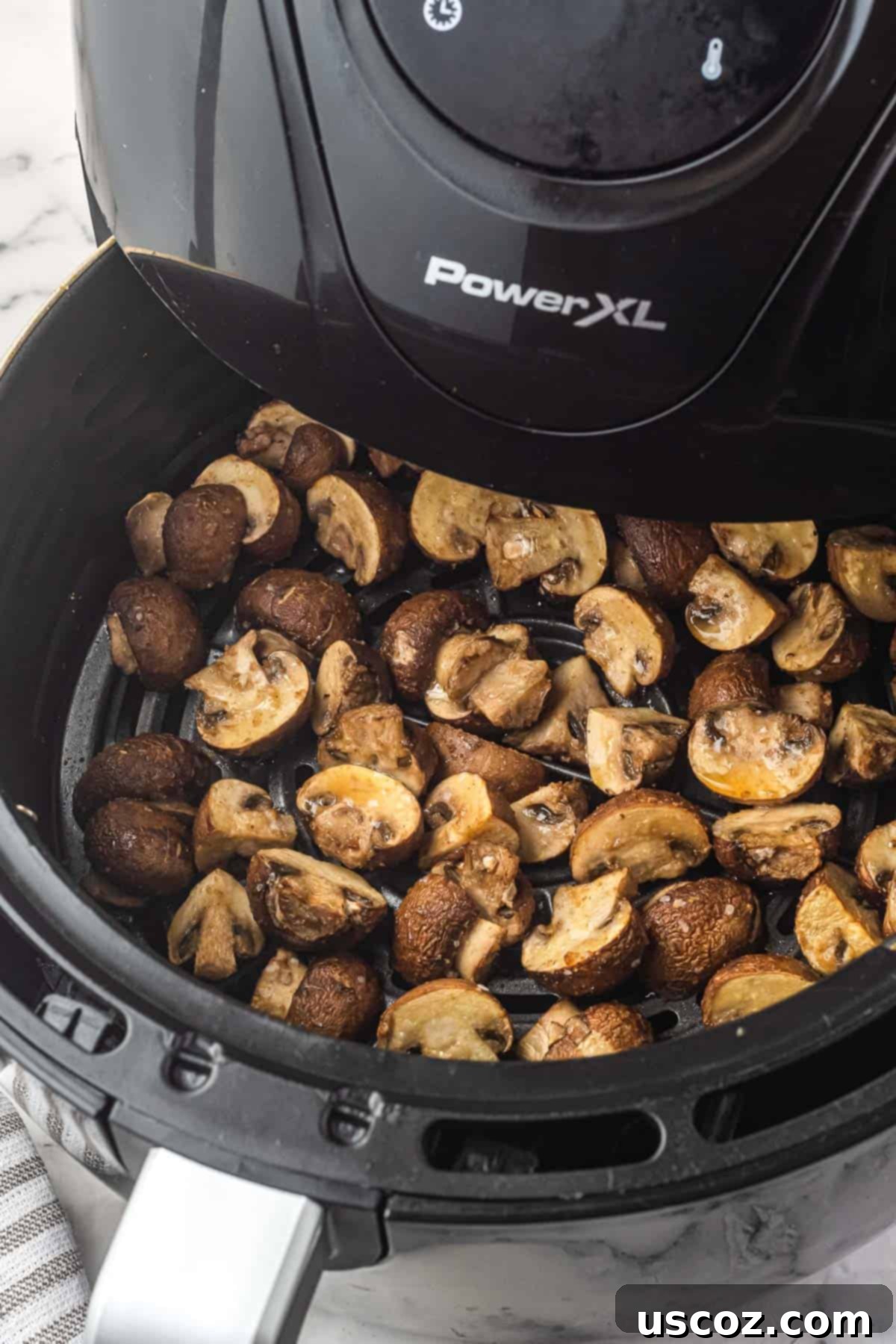 Crispy Air Fryer Mushrooms 7 mushrooms placed in the air fryer basket