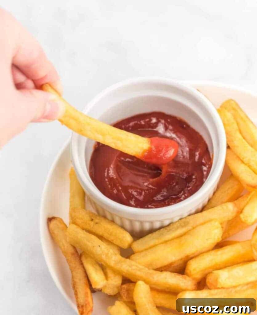 Perfectly Crispy Air Fryer Frozen Fries 2 A perfectly crispy air fryer french fry being dipped into a dollop of bright red ketchup on a white plate, showcasing its golden-brown perfection.