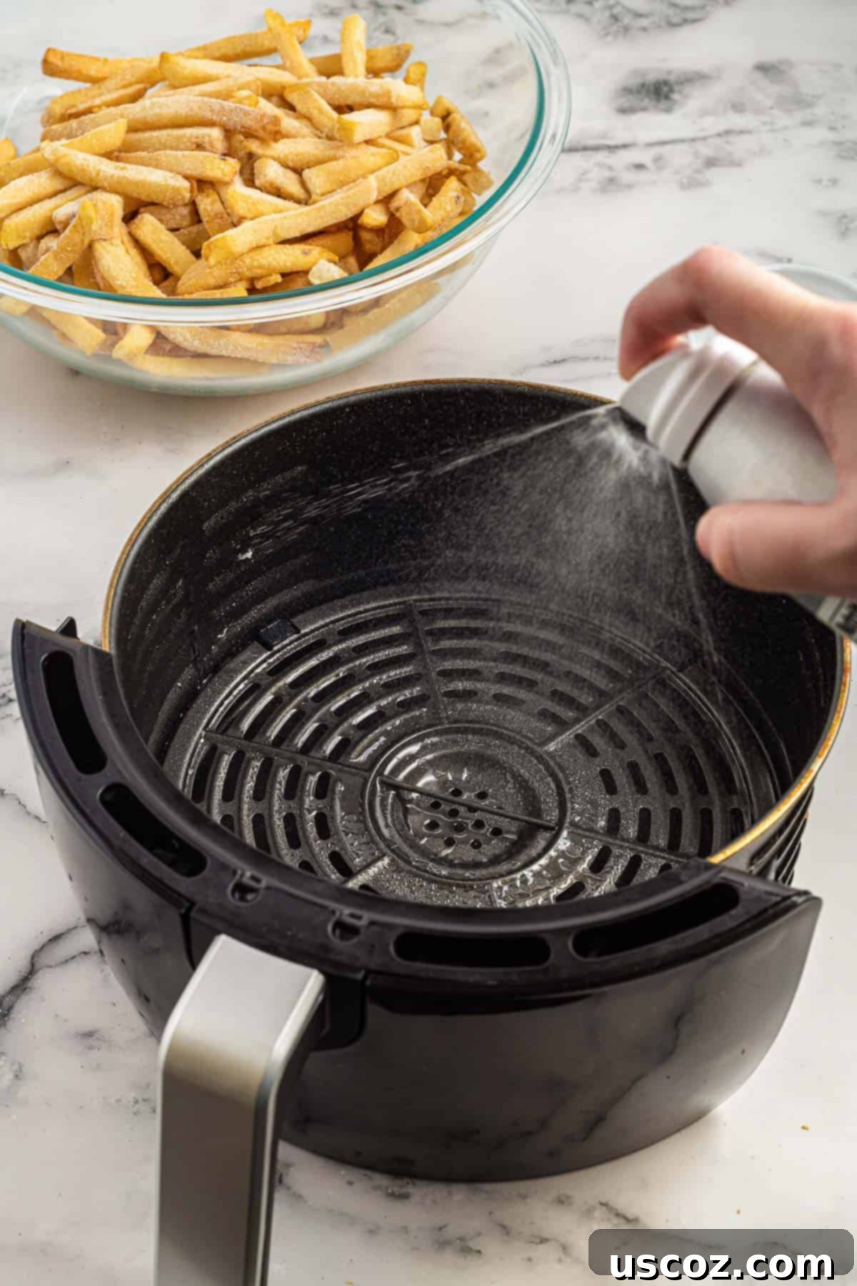 Perfectly Crispy Air Fryer Frozen Fries 3 A close-up shot of cooking spray being lightly misted into an empty air fryer basket, ensuring a non-stick surface for the fries.