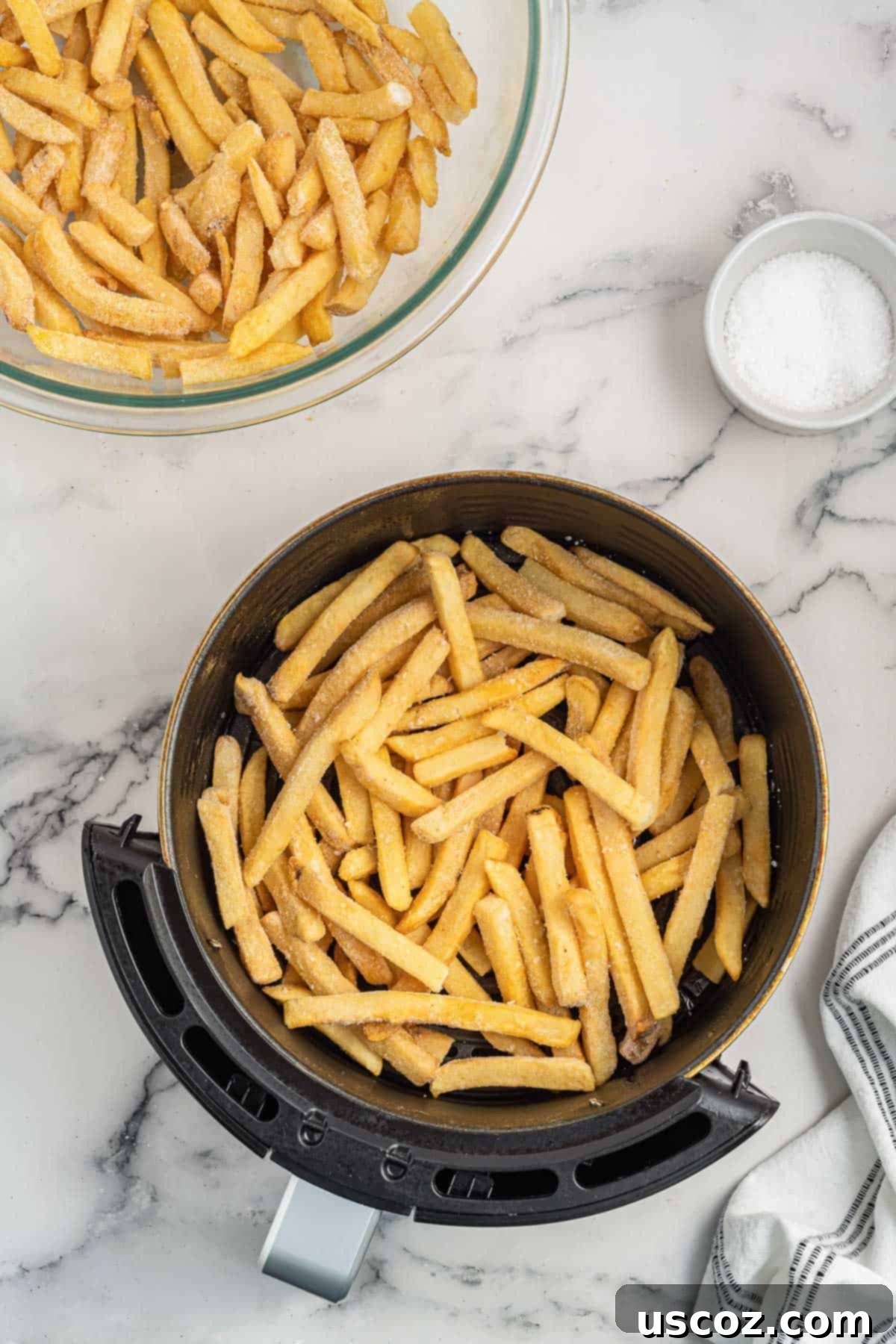 Perfectly Crispy Air Fryer Frozen Fries 6 A batch of frozen french fries neatly arranged in a single layer inside an air fryer basket, ready to begin the cooking process.